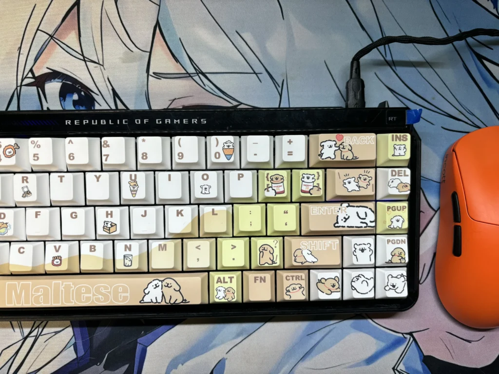 Adorable Maltese Dog Keycap Set, shown from multiple angles. Features charming minimalist puppy design and unique front-engraved legends for a playful touch.