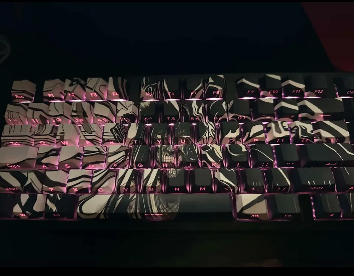 Epic Attack on Titan beast-form artisan keycap set, featuring translucent details that glow with stunning backlighting, showcasing its stunning design.