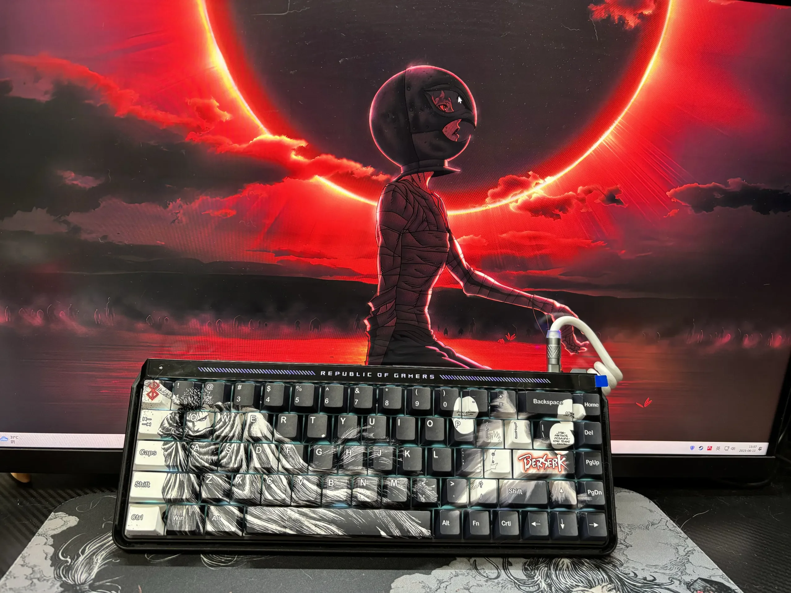 Iconic Berserk Keycaps set, masterfully top-engraved with legendary dark fantasy motifs. This artistic display embodies heroic struggle and dramatic version.