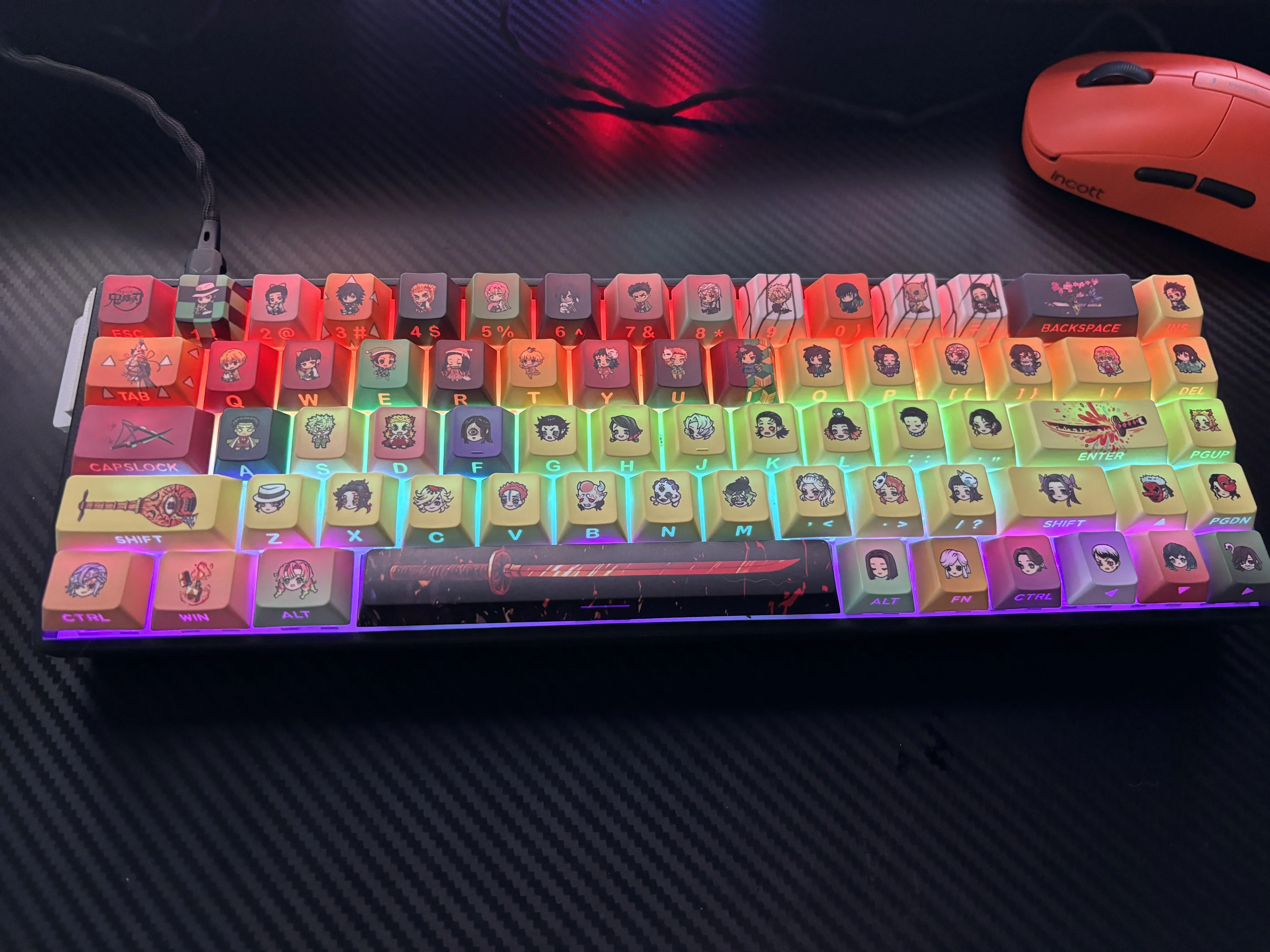 Explore multiple angles of the Epic Demon Slayer keycap set, featuring iconic side-lit legends and dynamic shine-through effects.