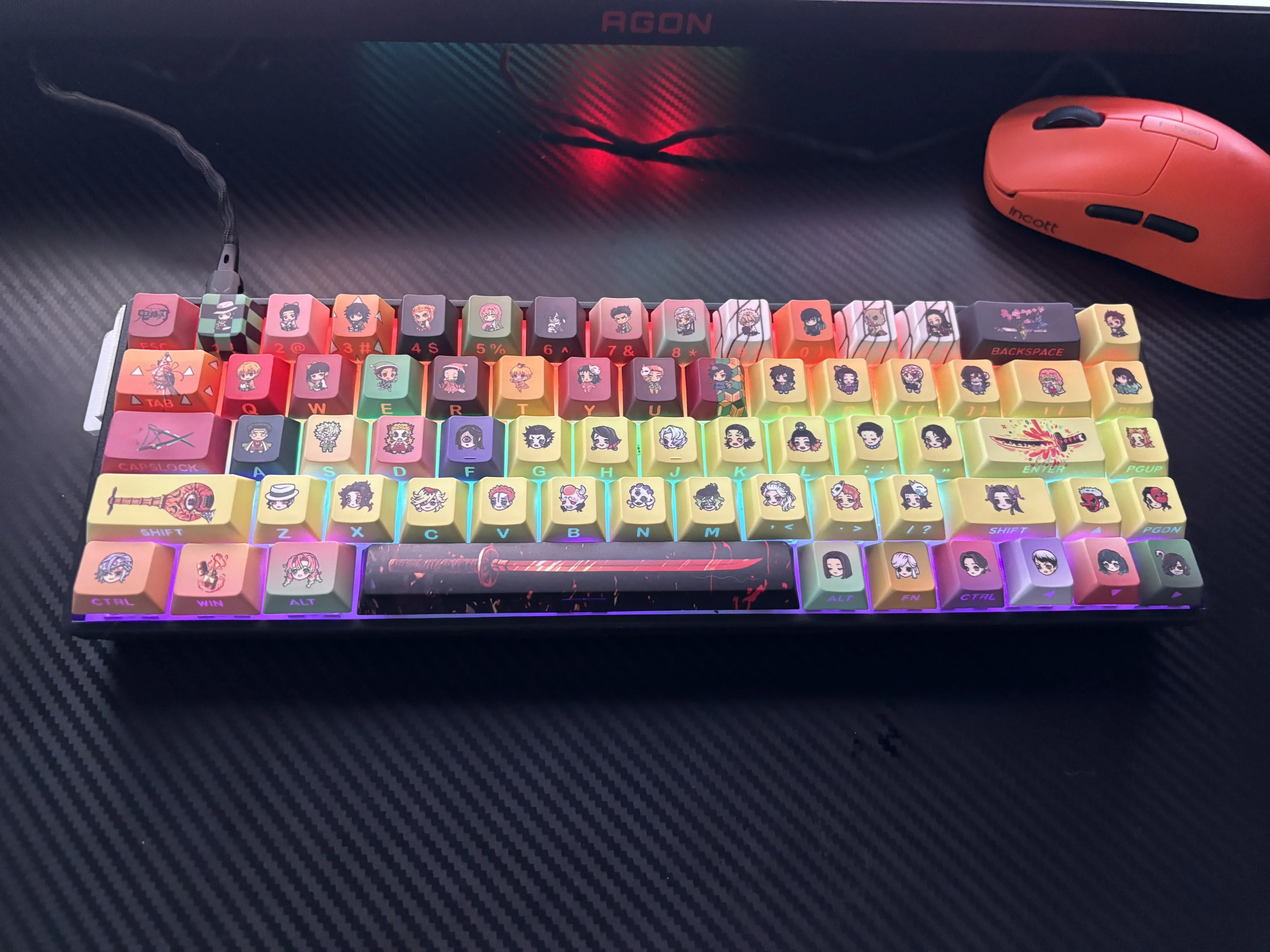 Epic Demon Slayer keycaps set showcasing iconic side-lit legends from various playful angles. Features vibrant shine-through effects and dynamic design.