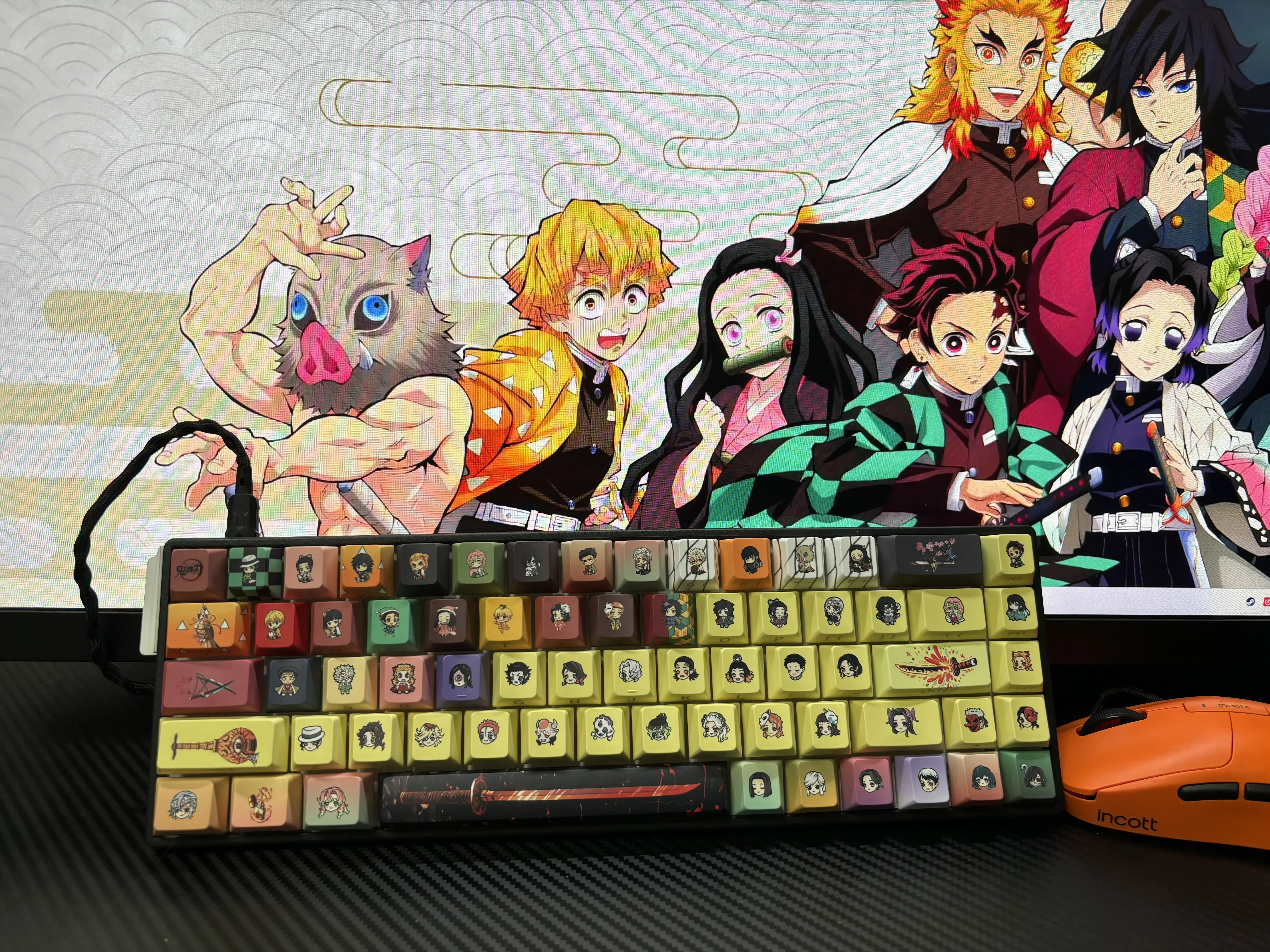 Epic Demon Slayer keycap Set shine brightly in this gallery, showcasing iconic side-lit legends and dynamic anime iconography from multiple angles.