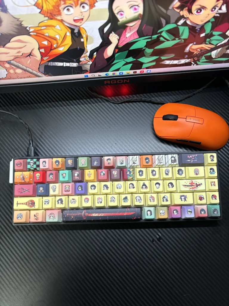 Epic Demon Slayer keycap Set display iconic characters with luminous side-engraved legends, creating a dynamic, playful shine-through effect for your keyboard