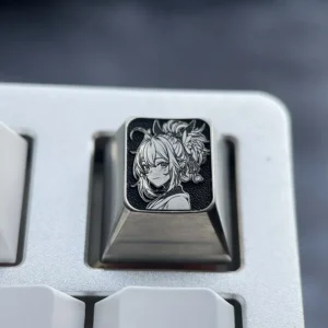 Genshin Impact Yoimiya Titanium Keycap, finely carved with intricate Yoimiya character art on a premium light gray titanium alloy, an artistic keycap.