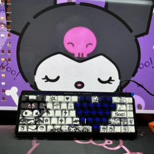 Iconic Kuromi keycaps set featuring a sleek black transparent design with distinct side-engraved character art, perfect for a rebellious custom.