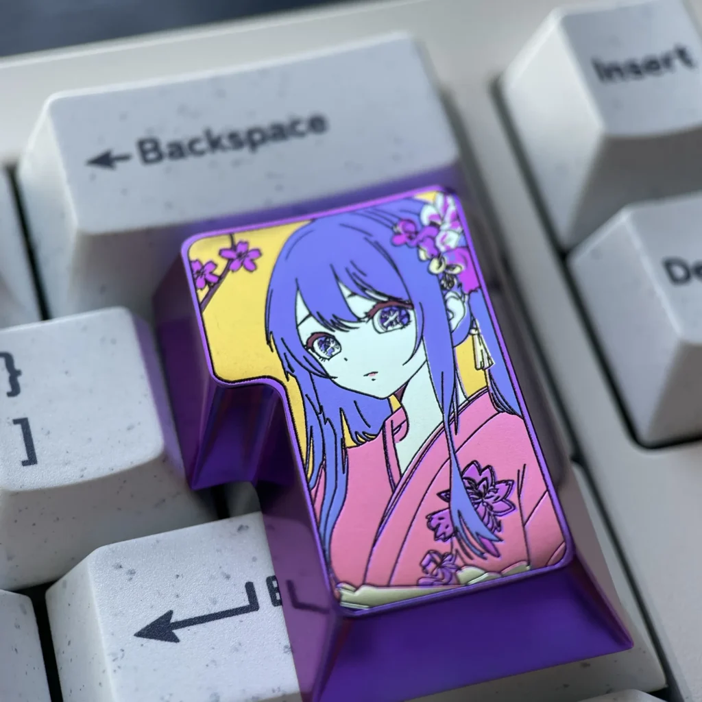 Displaying a stunning Hoshino Ai keycap, meticulously crafted from premium anodized titanium with vibrant anime artistry and a sleek, luxurious.