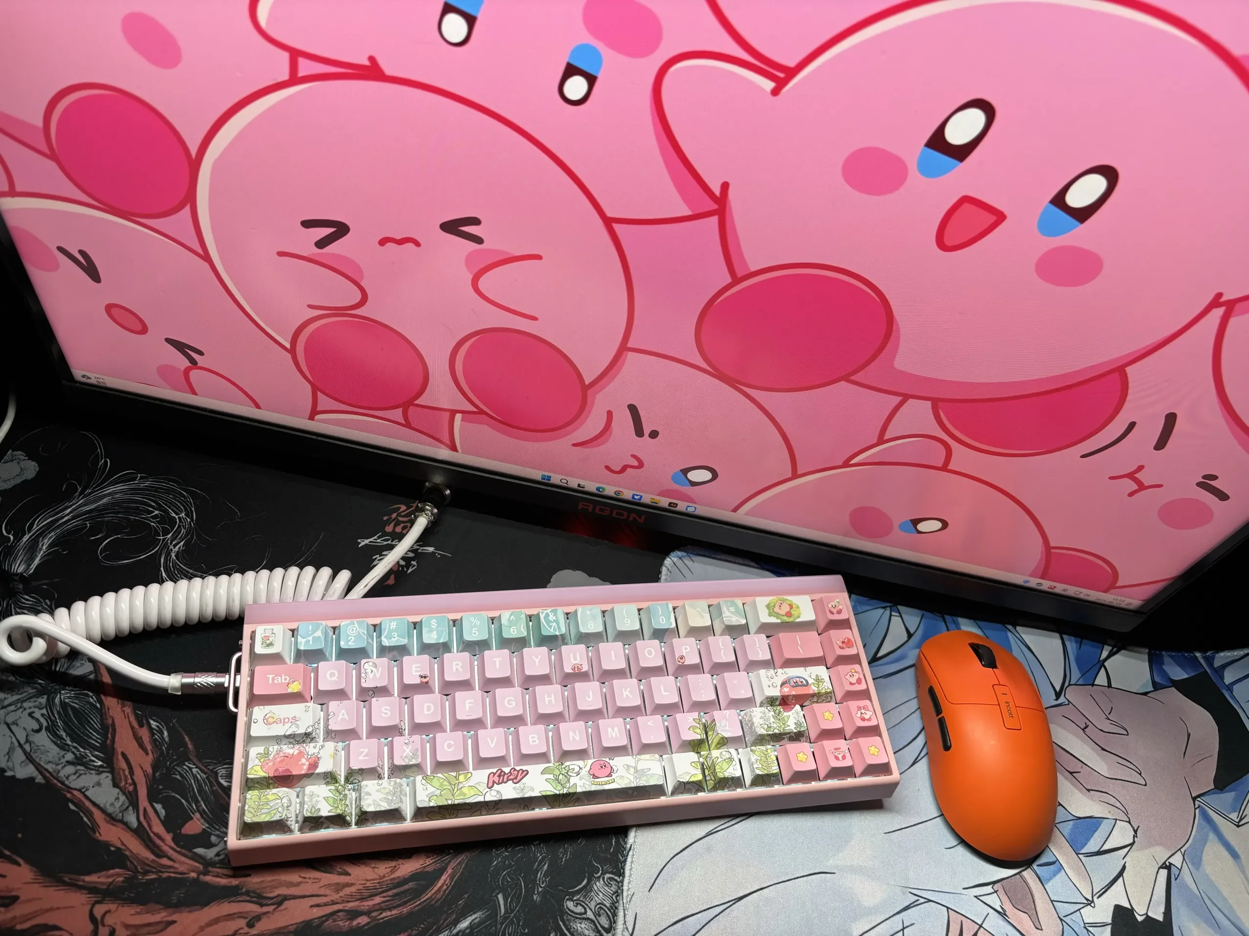 Playful gallery of vibrant pink Kirby keycaps. View iconic character designs from multiple angles, perfect for whimsical keyboard personalization.