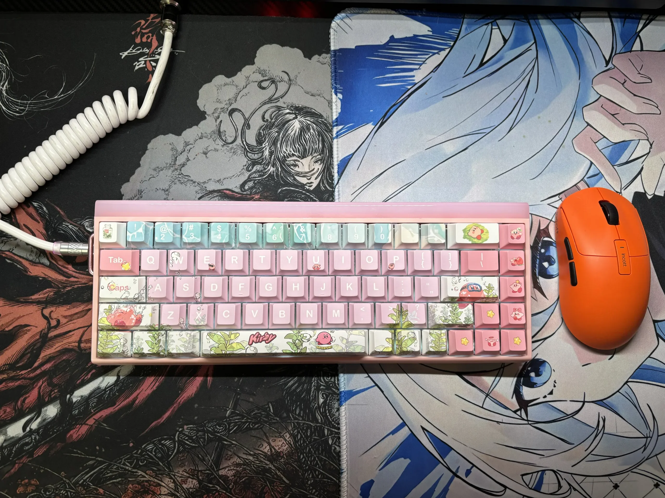 Vibrant pink Kirby keycaps set playfully brings iconic Kirby characters and classic world aesthetics to your mechanical keyboard for whimsical touch.