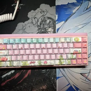 Vibrant pink Kirby keycaps set showcasing iconic Kirby characters for whimsical mechanical keyboard personalization, adding playful charm to any workspace.