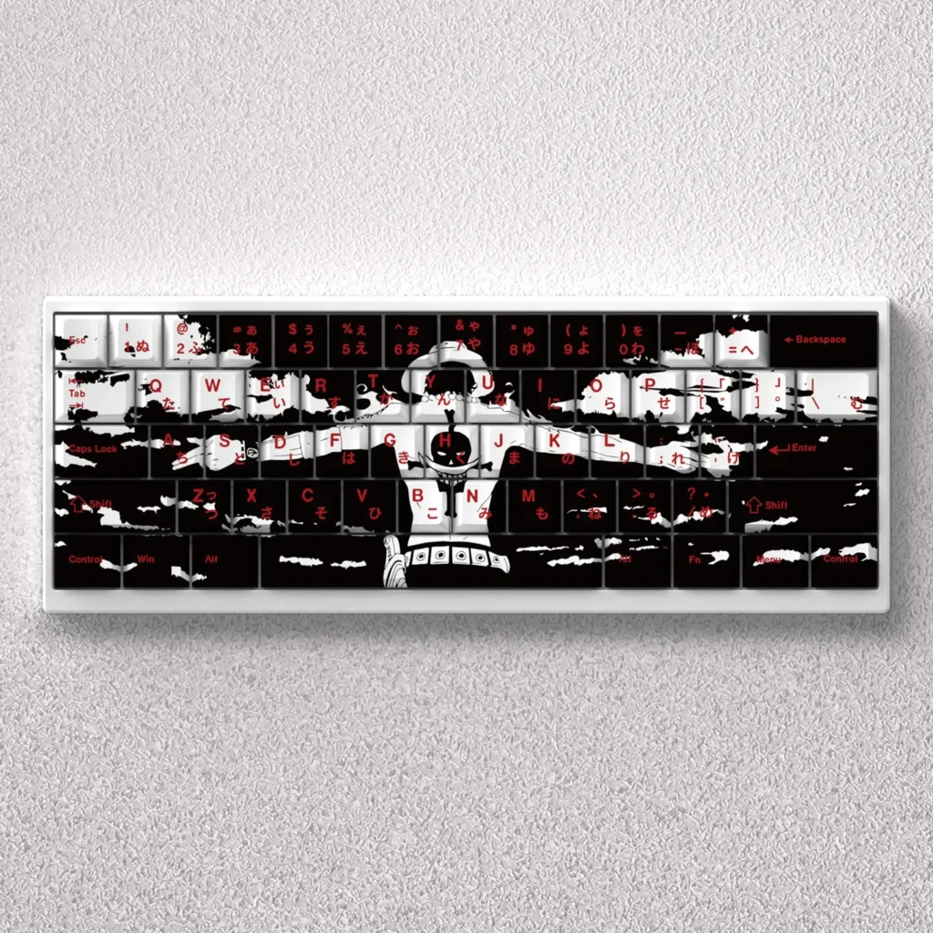 Iconic Portgas D. Ace PBT keycaps set for mechanical keyboards, displaying vibrant fiery anime designs embodying his burning spirit.