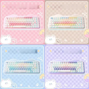 Bubbly pastel C75 tri-mode custom keyboard. Features hot-swappable switches and vibrant RGB, perfect for a playful setup.