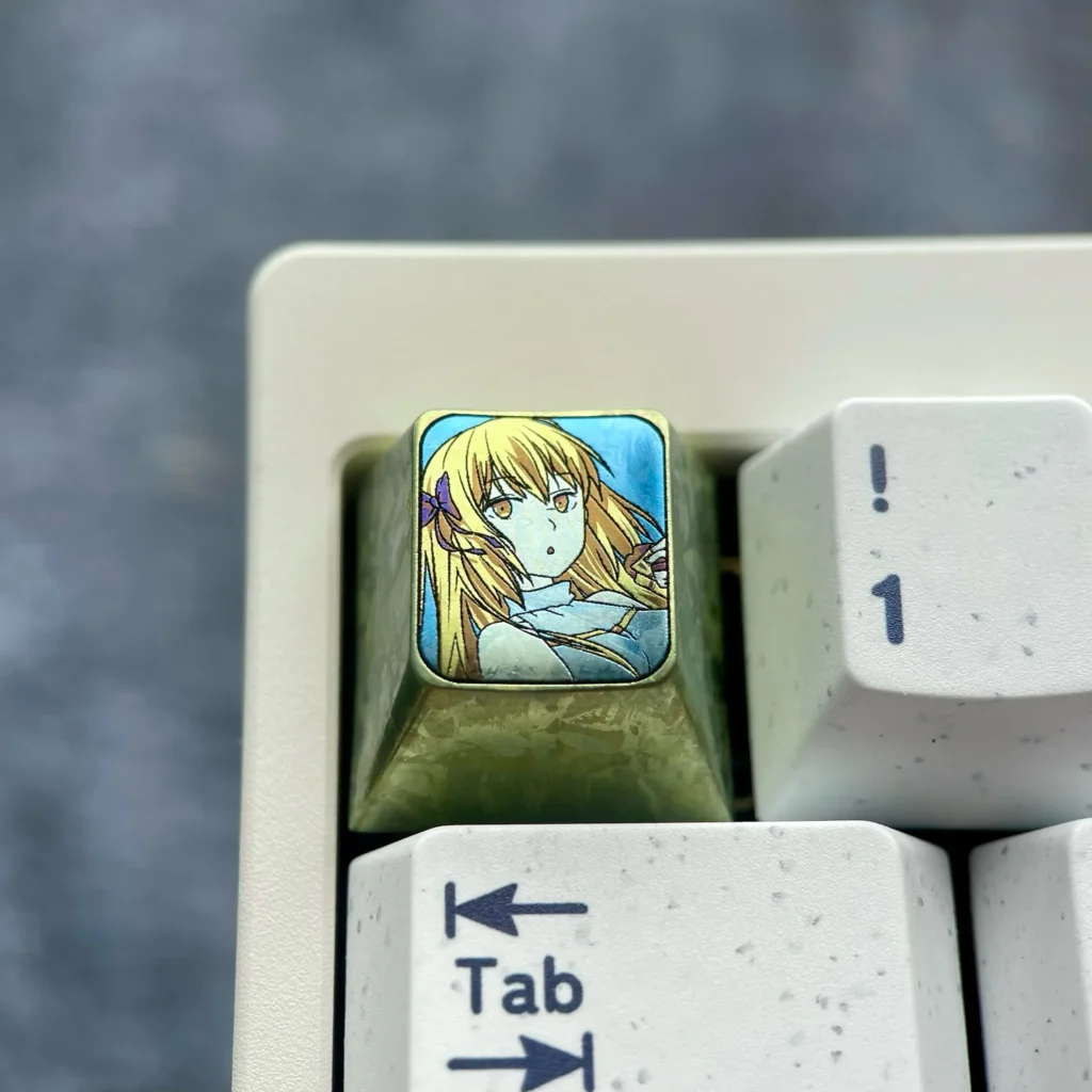 Vibrant Aiz Wallenstein Keycap, showcasing its sleek metallic form and unique industrial-artistic design.