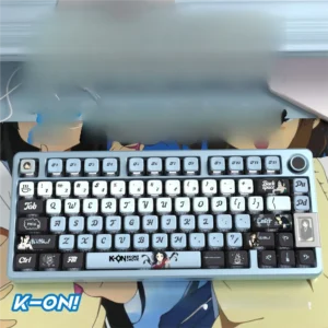 Vibrant K-On! Akiyama Mio PBT pudding keycap set showcasing playful anime art and translucent sides, perfect for RGB custom keyboards.