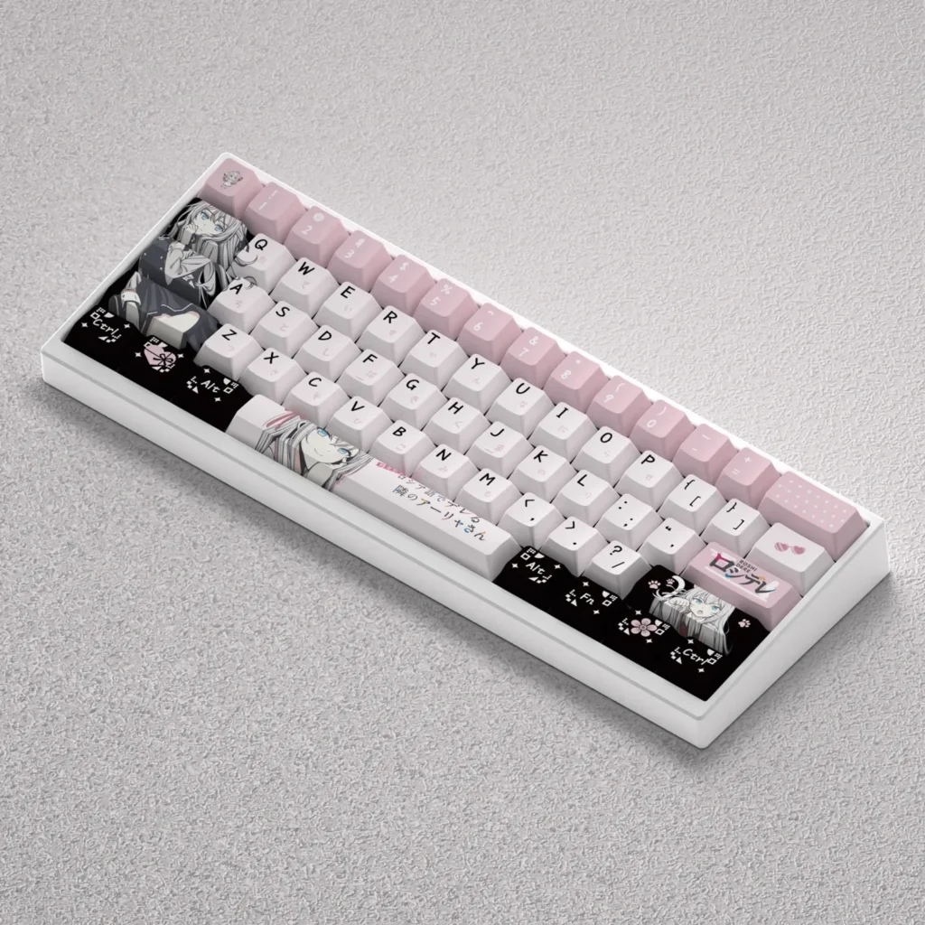 Showcase of the exclusive Alisa Mikhailovna Kujou PBT keycap set, featuring charming schoolgirl designs and vibrant pastel illustrations for custom mechanical keyboard.