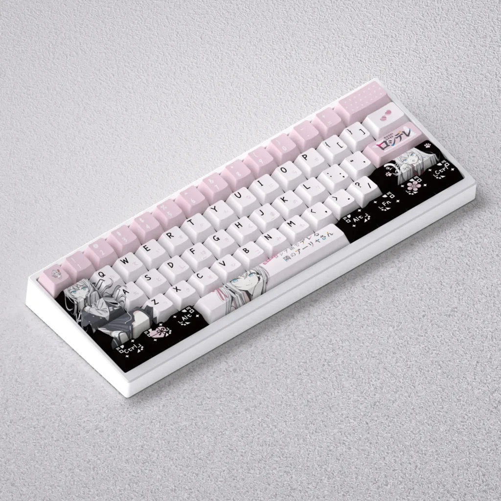 Dynamic view of the exclusive Alisa Mikhailovna Kujou anime keycap set, highlighting playful pastel PBT keycaps and charming schoolgirl illustrations.