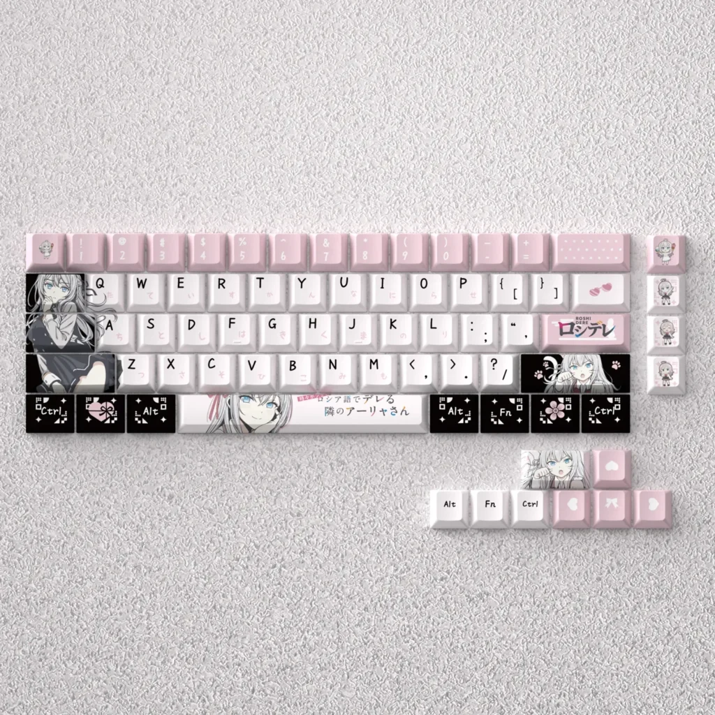 Exclusive Alisa Mikhailovna Kujou anime PBT keycap set display, featuring playful schoolgirl art, vibrant colors, and pastel accents for custom keyboards.