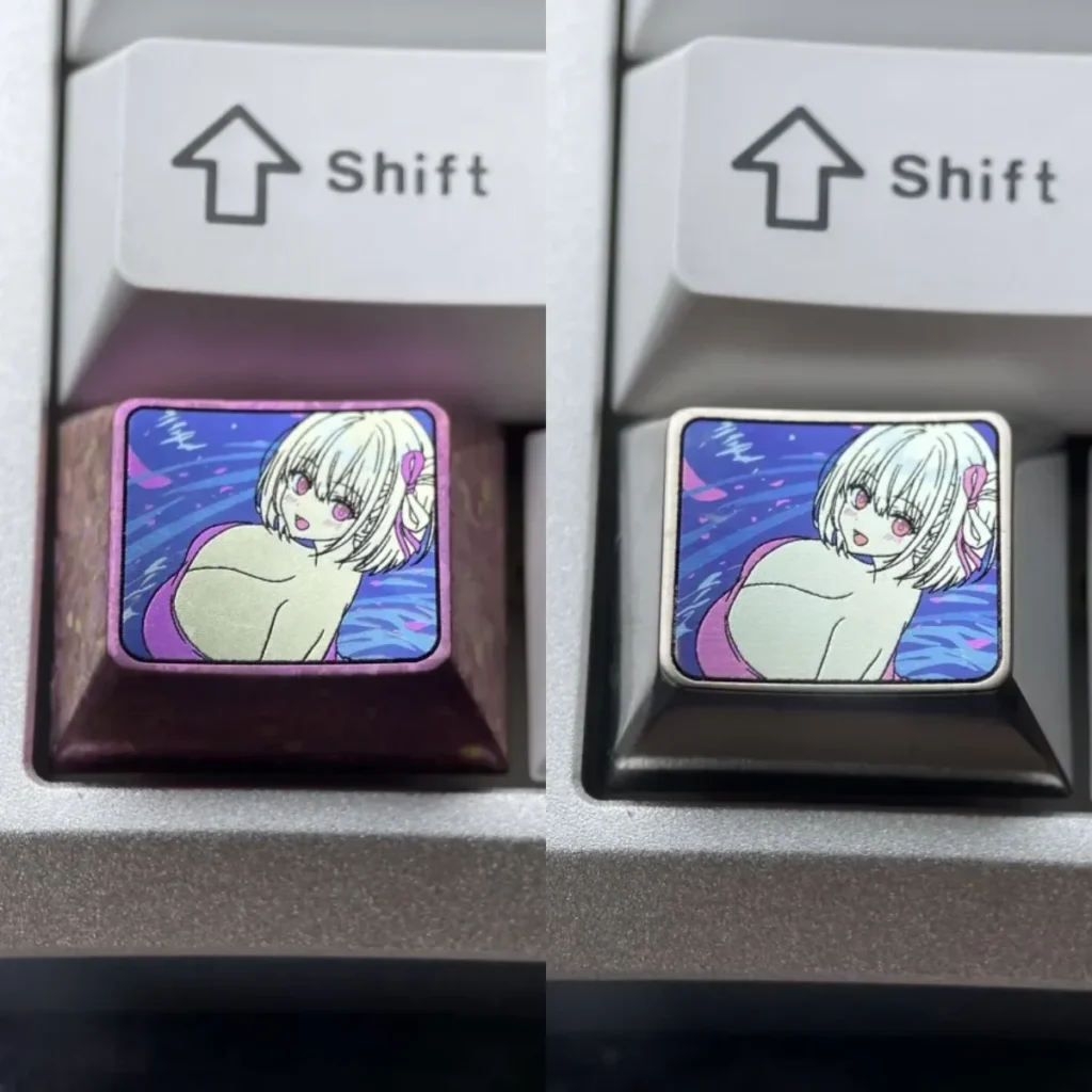 Premium Titanium Alloy Anime Keycap: Chisato Nishikigi Ctrl keycap, showcasing bold character art and a shimmering metallic purple finish.