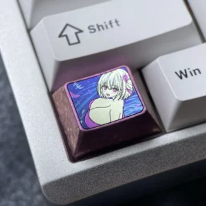 Premium titanium anime keycap featuring bold Chisato Nishikigi art with a shimmering purple finish for custom mechanical keyboards.