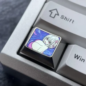 Premium purple Chisato Nishikigi anime keycap made from shimmering titanium alloy, showcasing bold character art for custom mechanical keyboards.