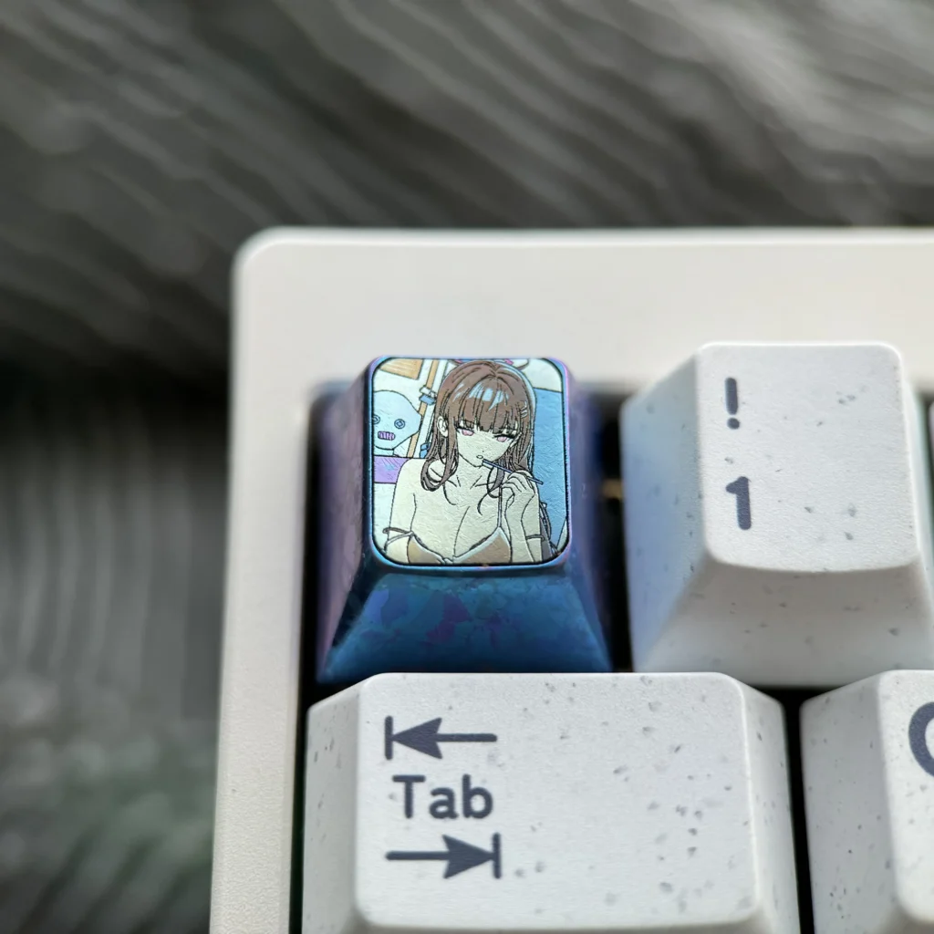 Vibrant Rio Tsukatsuki anime character art meticulously sculpted on a premium titanium alloy ESC custom mechanical keycap. A unique art keycap.