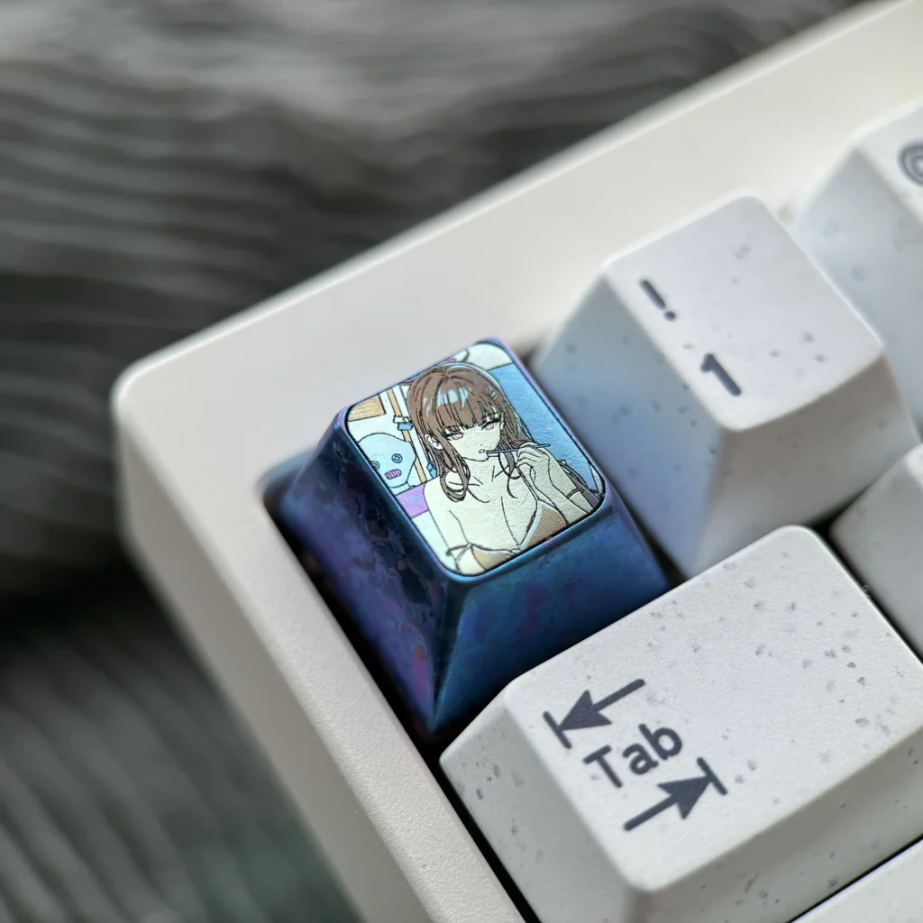Gallery showcasing the premium titanium alloy Rio Tsukatsuki anime ESC keycap, with vibrant sculpted art details from multiple angles.