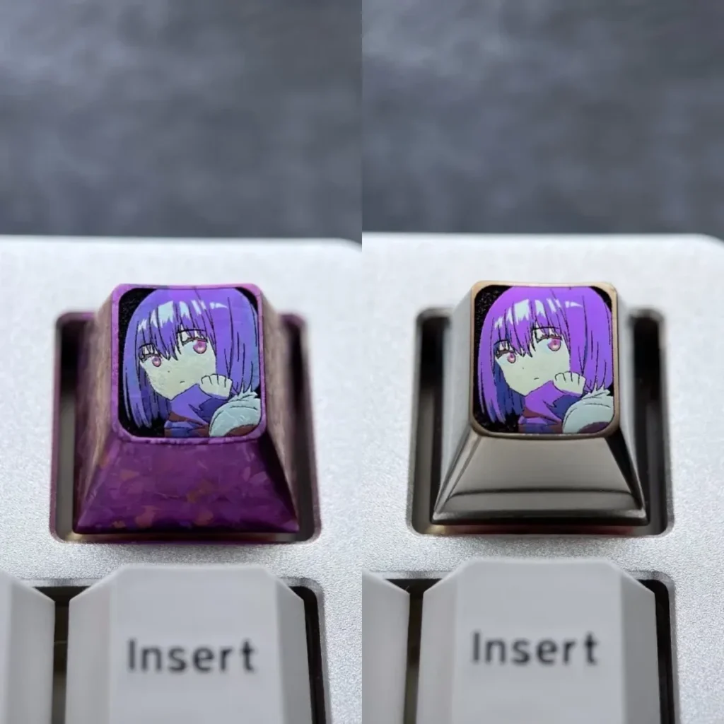 Striking purple titanium Shinjo Akane anime keycap for ESC custom mechanical keyboards, an exclusive art piece with vibrant character design.