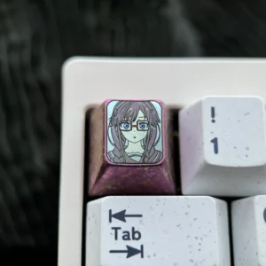 Exclusive Sumireko Sanshokuin anime titanium keycap in shimmering ice crystal purple, showcasing vibrant character art for a premium mechanical keyboard.