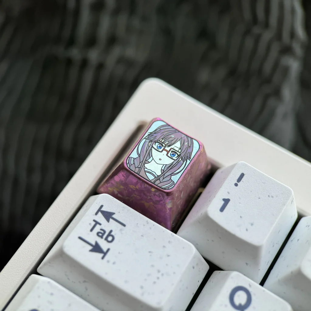 Exclusive Anime Titanium Keycap gallery: vibrant Sumireko Sanshokuin character art, shimmering Ice Crystal Purple finish, premium metal from all angles.