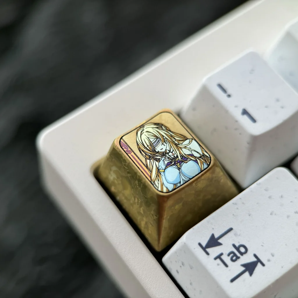Premium Valiant Sword Maiden anime titanium keycap from various angles. Displays its exquisite ice crystal design, vibrant metallic sheen.
