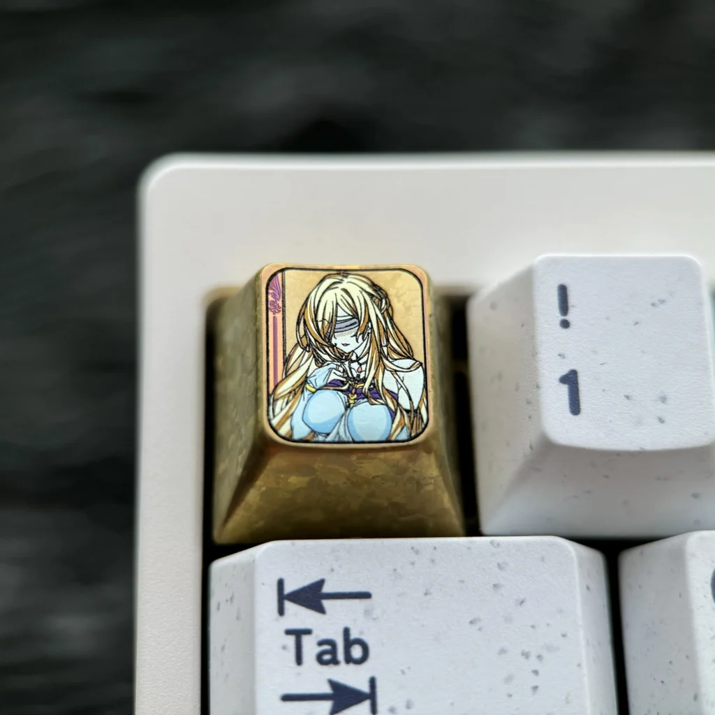 Premium Valiant Sword Maiden anime titanium keycap, sculpted from colored titanium with an iconic icy crystal design. A vibrant, collectible fantasy design.