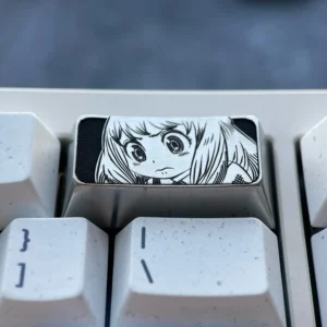 Anya Titanium Keycap, a premium engraved 2U backspace key for Spy x Family keyboards, showcasing its iconic Anya Forger design and sophisticated design.