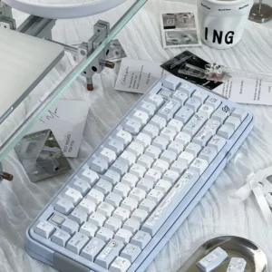 Aqua Angel PBT Keycaps set with durable PBT and exquisite five-sided dye-sublimation. Ethereal blue angelic motifs create a whimsical, premium touch.