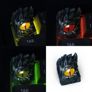 Handmade artisan keycap masterpiece showcasing a mysterious creature with captivating red eyes, a truly unique custom ESC keycap.