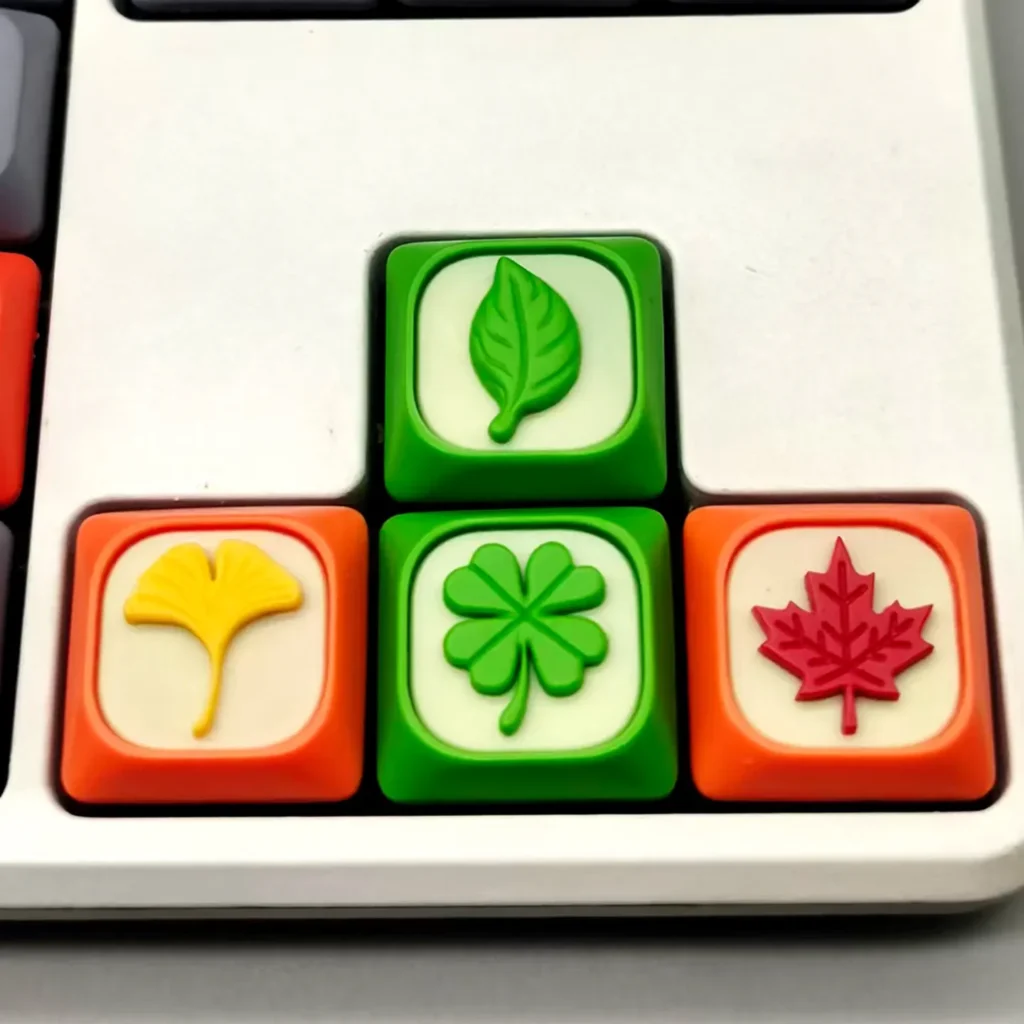Artistic handcrafted green leaf resin keycap for MX switches, detailed from various angles to reveal its serene nature motif and handmade beauty.