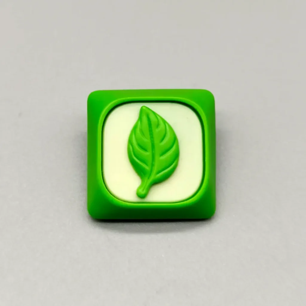 Close-up of a handcrafted green leaf resin keycap, an artistic custom artisan piece bringing a serene touch of nature to MX keyboards.