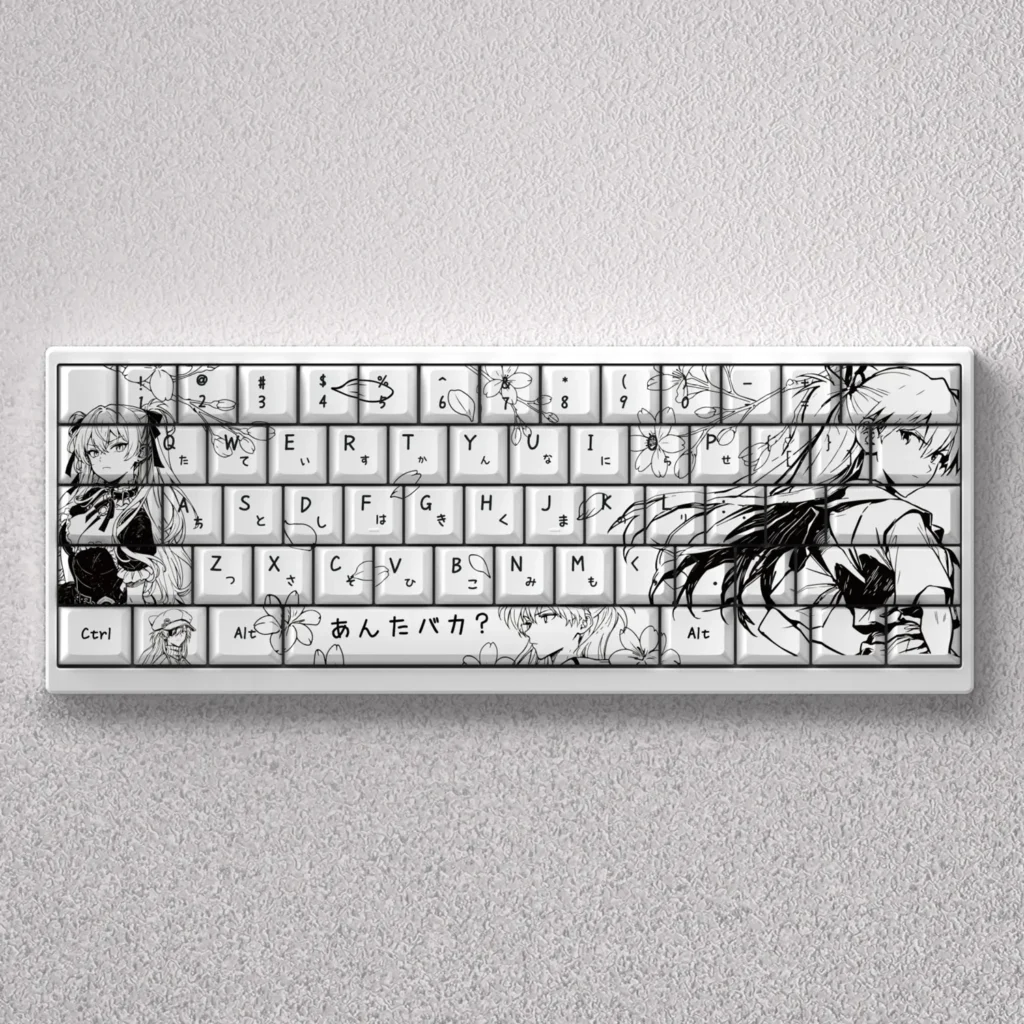 Iconic Asuka line-art PBT keycap set for keyboards, showcasing striking black & white minimalist Evangelion art with a defiant spirit aesthetic.