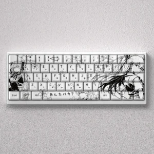 Iconic Asuka line-art PBT keycap set for keyboards, showcasing striking black & white minimalist Evangelion art with a defiant spirit aesthetic.