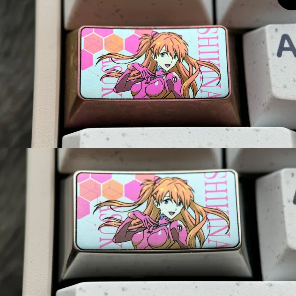 Attractive Asuka Titanium Keycap for mechanical keyboards, showcasing vibrant Evangelion anime with Asuka Langley Soryu art with a ice crystal and side silver finish.