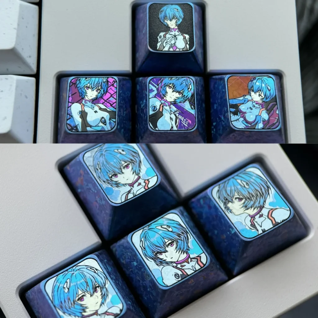 Exquisite Titanium Rei Ayanami keycap, Icy Crystal Edition, featuring delicate blue and white anime art. A premium collectible for mechanical keyboard.