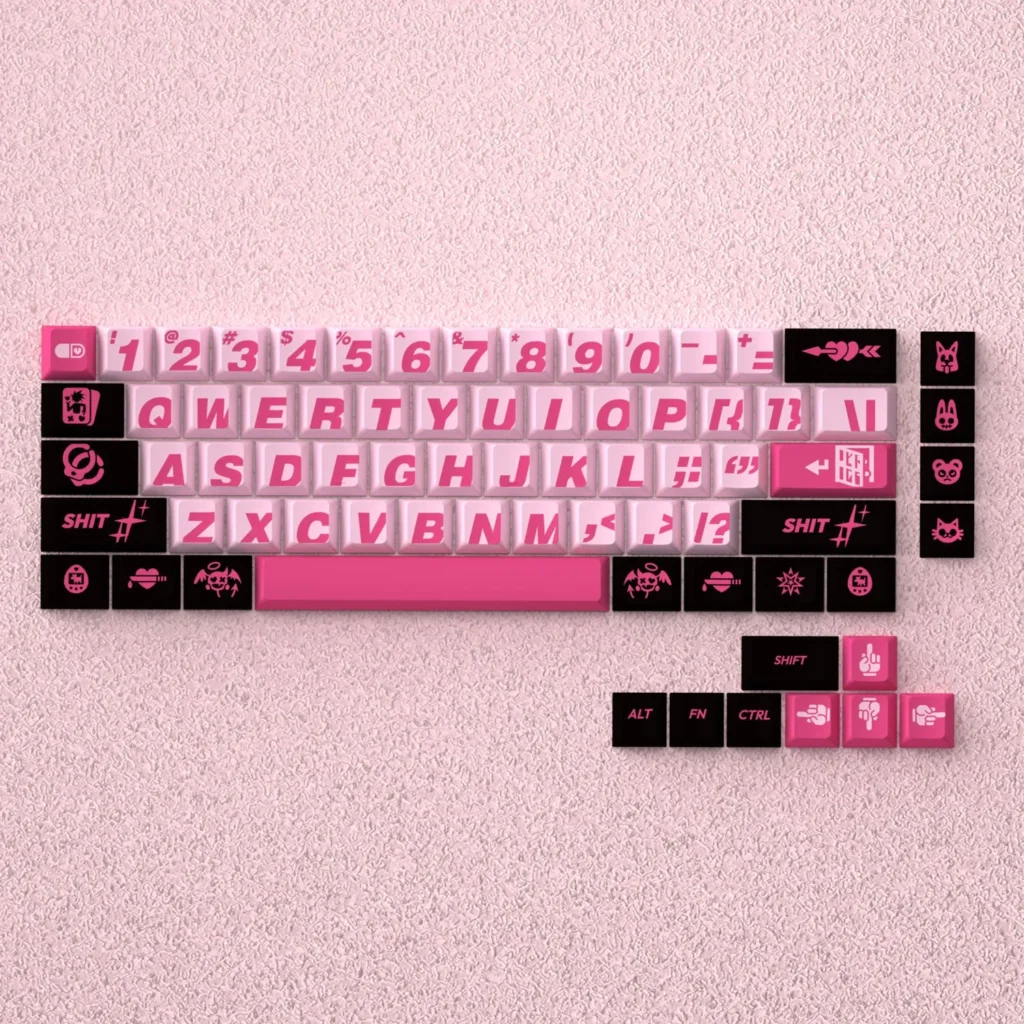 Playful Bad Sweetheart translucent PBT keycaps set with a frosted finish, showcasing their unique cute and edgy design and Cherry profile.