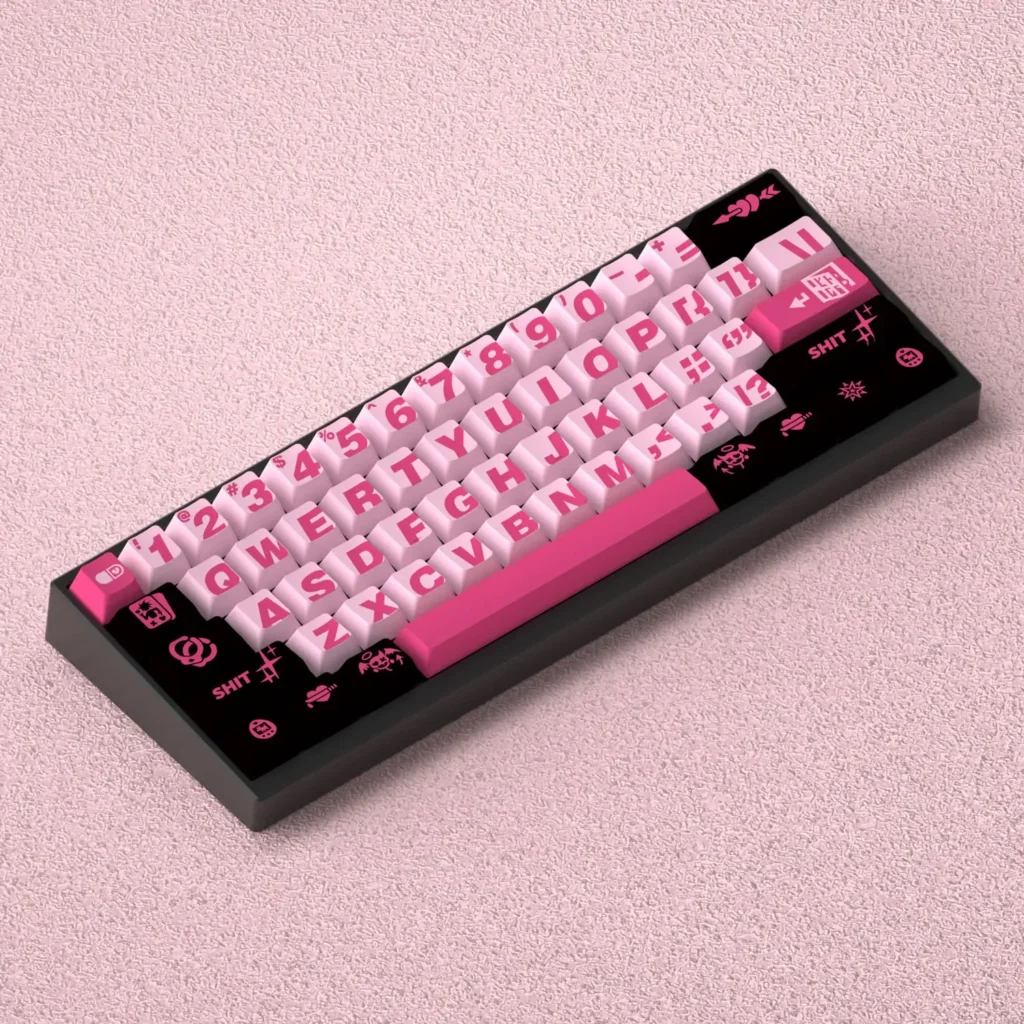 Bad Sweetheart translucent PBT keycaps set gallery, featuring frosted Cherry profile from various angles. Showcases unique cute-edgy design and playful design.