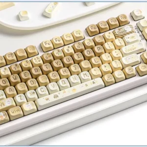 Adorable Baking Lamb Keycaps set, PBT dye-sublimated, featuring whimsical cartoon lambs baking sweet treats in a cozy pastel bakery scene.