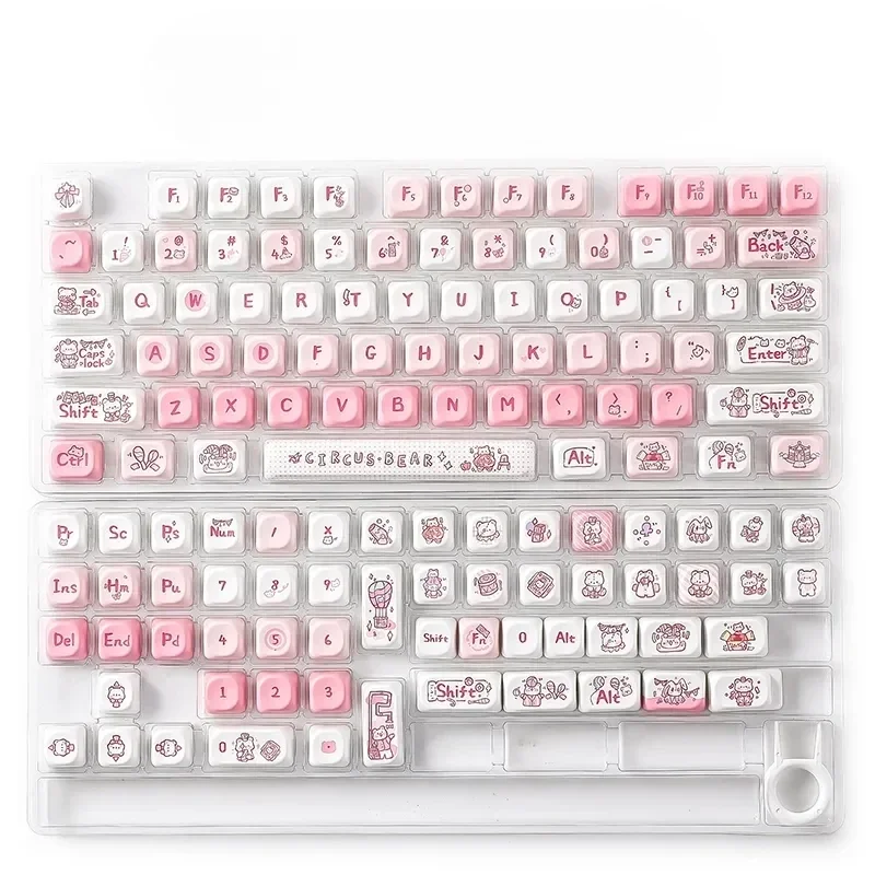 A full view of the adorable Bear Circus Keycaps set, showcasing multiple whimsical MOA PBT dye-sub keycaps with playful bear designs for mechanical keyboard.