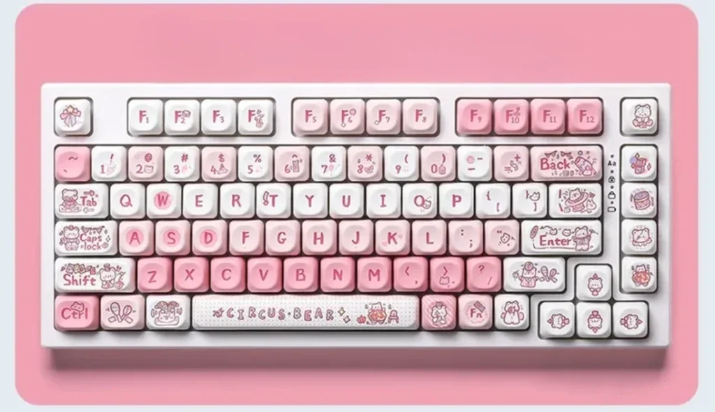 Adorable Bear Circus MOA PBT Dye-Sub keycaps set for mechanical keyboards, featuring charming cartoon bears in a vibrant, whimsical circus theme.