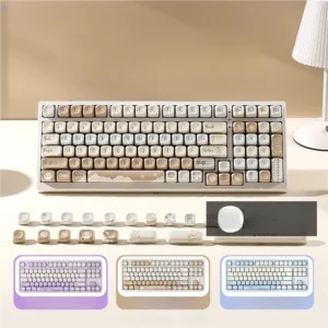 Whimsical Nostalgia Bear PBT MOA keycaps showcased with charming five-sided dye-sub designs in warm earthy tones and subtle planetary accents.