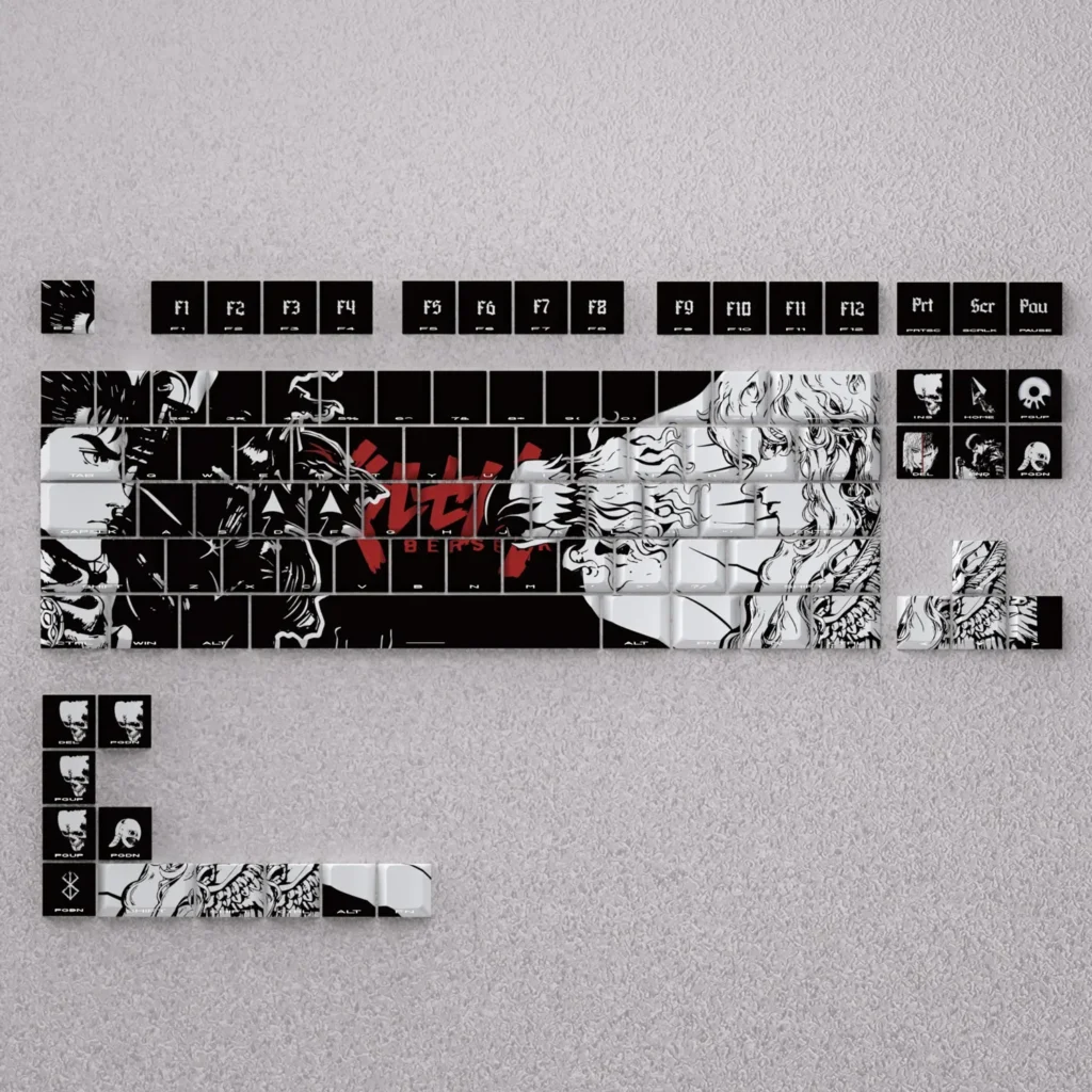 Berserk Keycaps Set: iconic side-engraved, shine-through legends bathed in dark fantasy glow. Premium anime-themed mechanical keyboard caps.