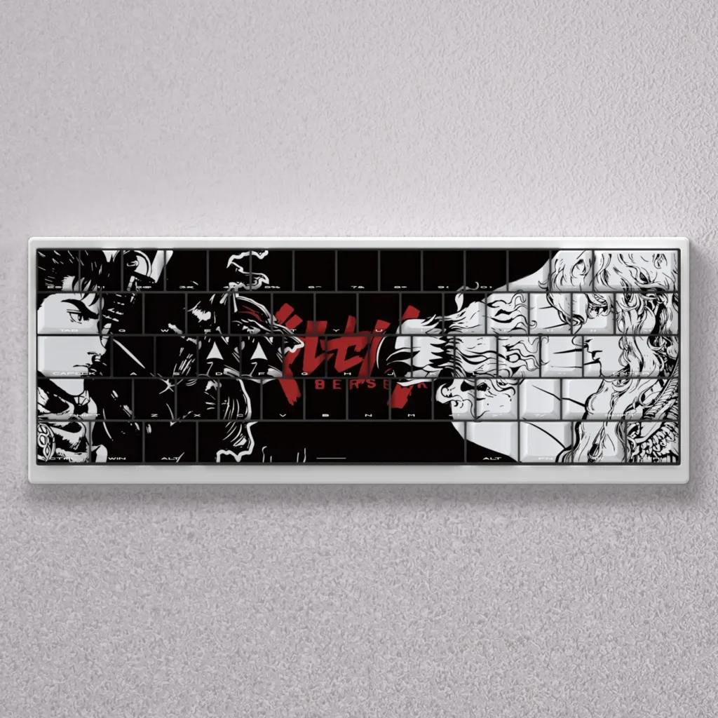 Premium Berserk keycaps set showcasing iconic dark fantasy characters with dramatic side-engraved shine-through legends on a high-contrast black design.
