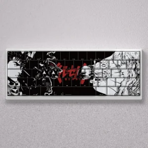 Premium Berserk keycaps set showcasing iconic dark fantasy characters with dramatic side-engraved shine-through legends on a high-contrast black design.