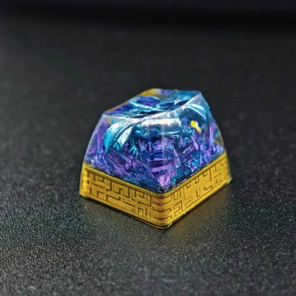 Iconic Blue-Eyes White Dragon translucent resin keycap. Multiple angles show intricate mythical dragon details and vibrant translucence for gaming.