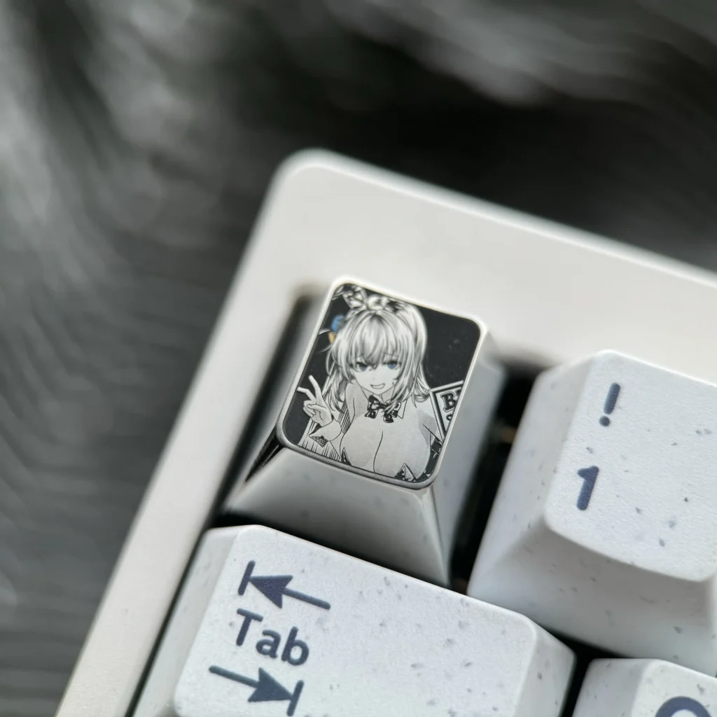 Bocchi the Rock!: Hitori Gotoh Titanium Keycap with intricate pointillism anime art. Polished silver finish highlights the premium Bocchi Keycap.